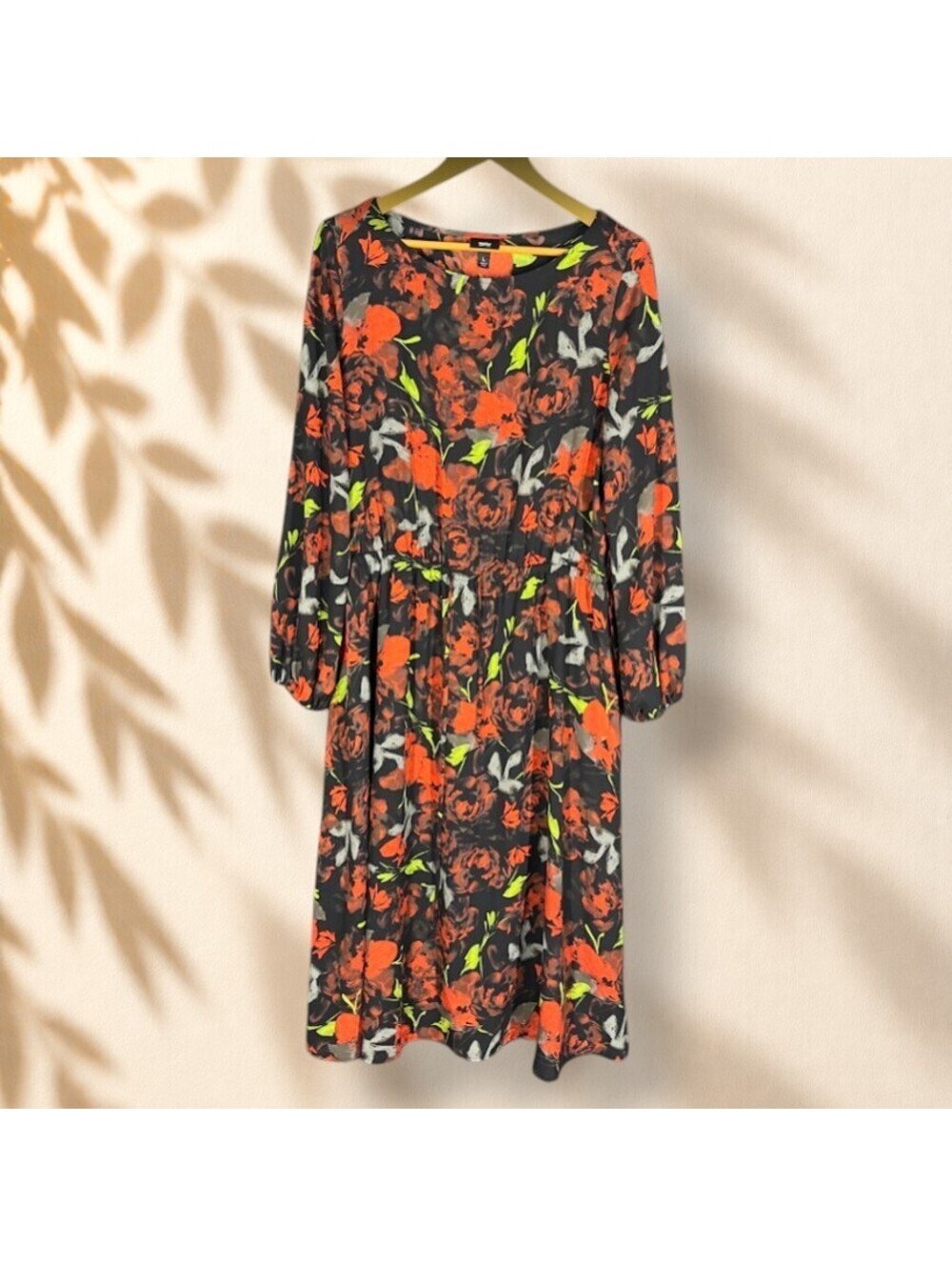Mossimo Dress Women L Large Black Floral Shift Midi Long Sleeve Lined Casual